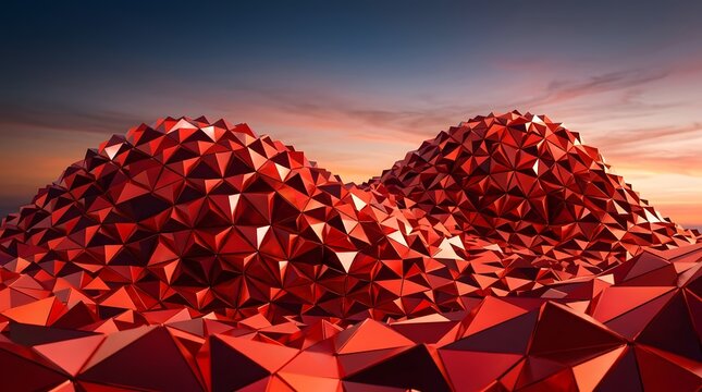 A surreal landscape with geometric mountains made of red crystal under a dramatic sky