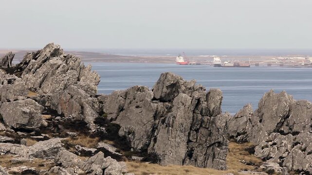 Rocky Coastline View Of Stanley Port In Falkland Islands Malvinas - 4K