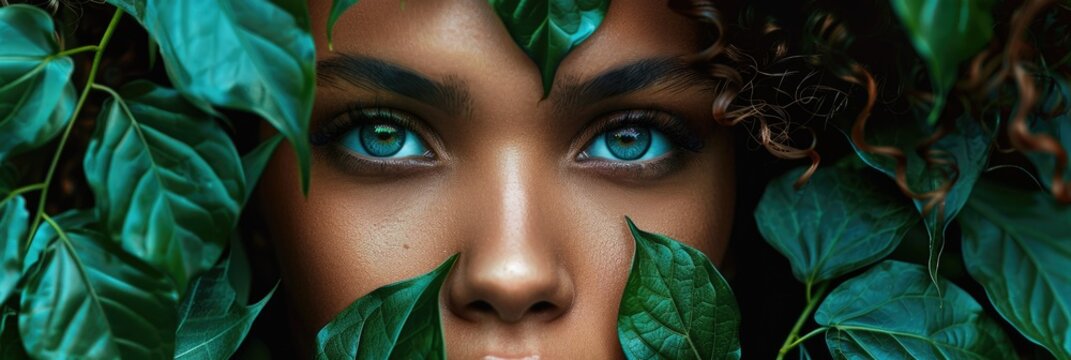 Mesmerizing Green Eyes Amidst Lush Foliage: Captivating Nature Portrait with Freckles