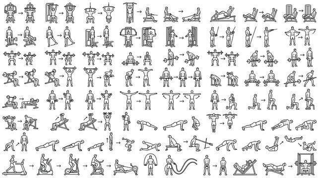 Gym fitness exercises workout set with men doing different routines.
