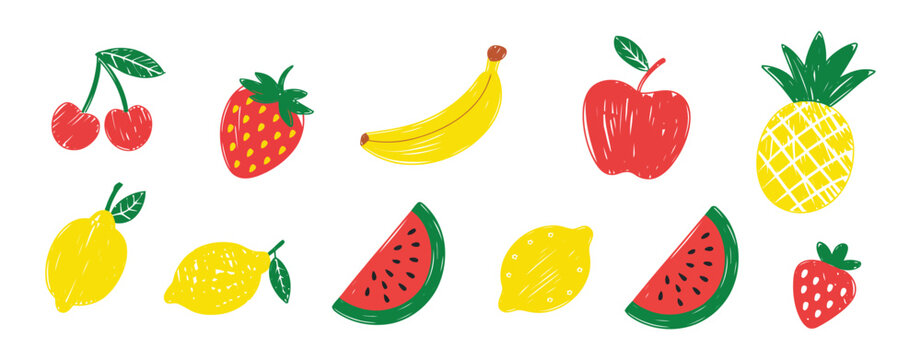 Hand drawn fruit doodle icon set with chalk texture, cute childlike style, cherry, strawberry, apple, watermelon and lemon
