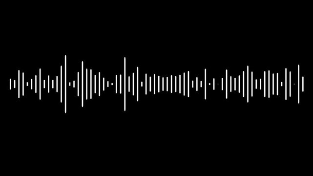 White audio waveform spectrum animation, audio visualizer on black background. Sound wave animated audio waveform spectrum animation. Music waves oscillation. Futuristic audio waves visualization. 