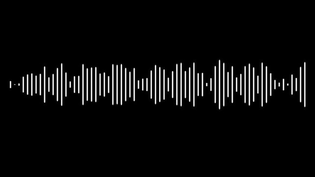 White audio waveform spectrum animation, audio visualizer on black background. Sound wave animated audio waveform spectrum animation. Music waves oscillation. Futuristic audio waves visualization. 