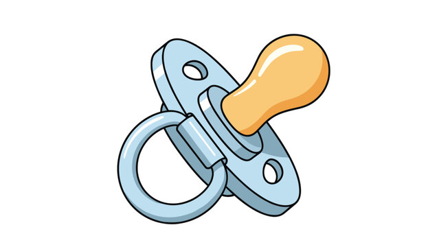 Cute baby pacifier dummy with light blue plastic shield and soft yellow teat, vector illustration on white background.