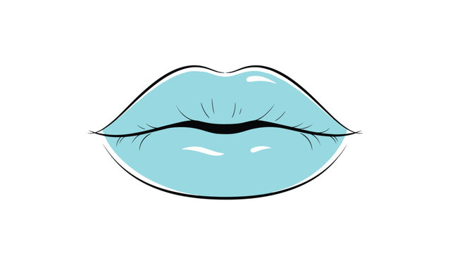 Retro style illustration of female lips painted with bright cyan blue lipstick on a white background.