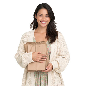 Smiling brunette woman in a white knitted cardigan holding a stack of brown craft paper bags against isolated on transparent or white background, png