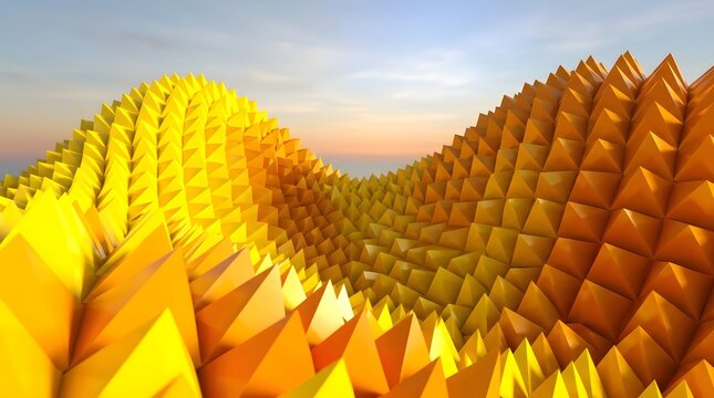 An abstract rendering of geometric spikes in shades of yellow and orange, resembling a futuristic landscape or textured surface