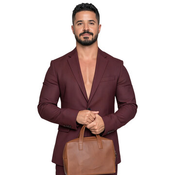 Handsome bearded man in a burgundy suit holding a brown leather briefcase against isolated on transparent or white background, png