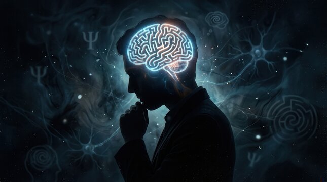 Silhouette of a person with a glowing brain, symbolizing thought and intellect.