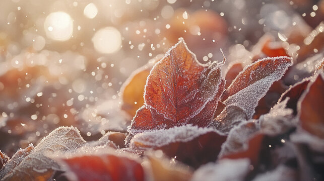 Close up of frost covered autumn leaves with warm sunlight and soft bokeh glow