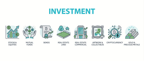 Fototapeta premium Investment asset classes icon set. Financial portfolio diversification and wealth management.