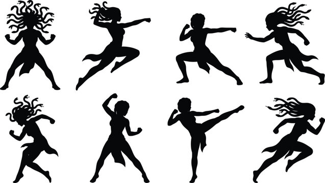 Medusa silhouette set female gorgon warrior fighting poses vector