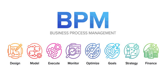 Fototapeta premium Business process management infographic. BPM lifecycle icons for corporate workflow strategy.