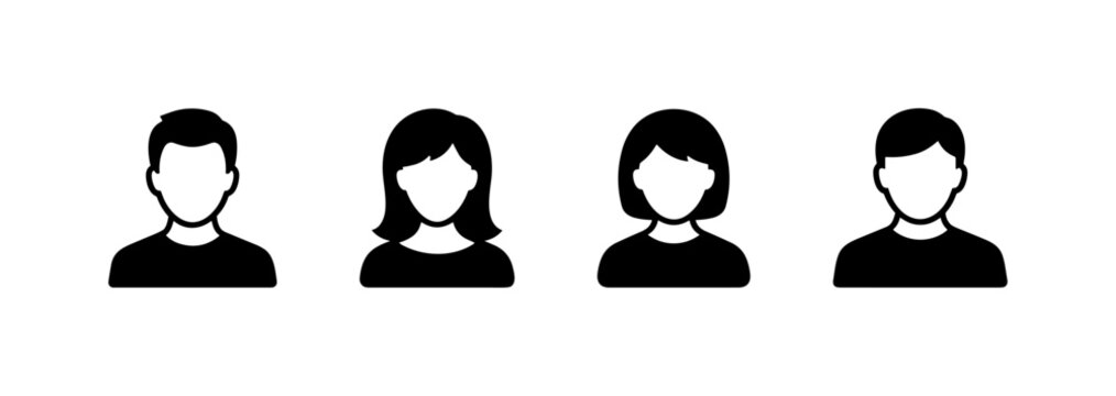 Set of black and white male and female user icons with different hairstyles