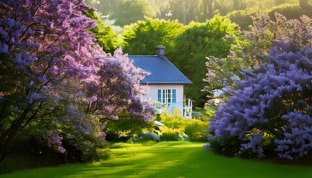 A beautiful cottage surrounded by blooming purple jacaranda trees in a lush garden.