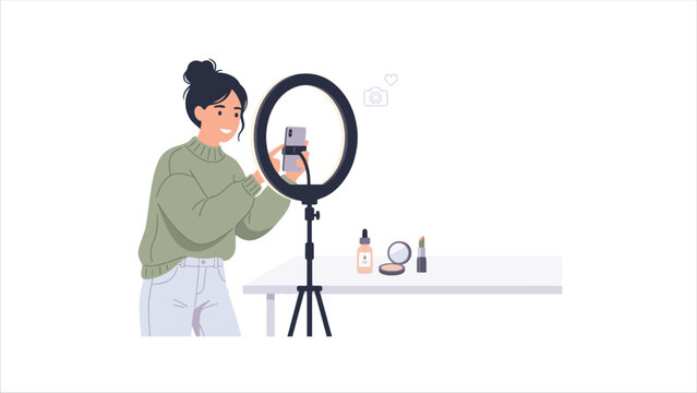 Beauty influencer recording tutorial with ring light and smartphone, influencer