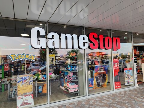 Rome, Italy - July 29, 2025, entrance to the GameStop Corporation store, known simply as GameStop, an American company headquartered in the city of Grapevine.