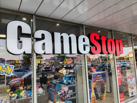 Rome, Italy - July 29, 2025, entrance to the GameStop Corporation store, known simply as GameStop, an American company headquartered in the city of Grapevine.