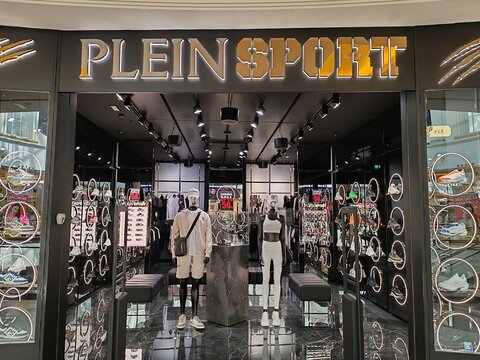 Rome, Italy - October 5, 2025, Plein Sport, a luxury sportswear and accessories brand founded by Philipp Plein in 2016, combining technical performance and bold design.