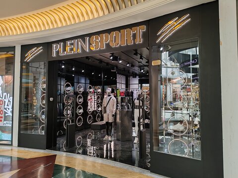 Rome, Italy - October 5, 2025, Plein Sport, a luxury sportswear and accessories brand founded by Philipp Plein in 2016, combining technical performance and bold design.