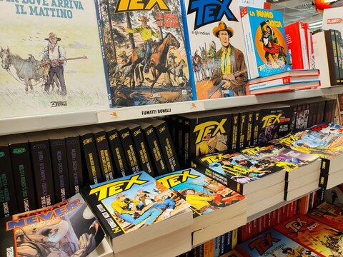 Ostia, Rome, Italy - January 4, 2026, a series of Tex comics, the famous Italian western comic created by Giovanni Luigi Bonelli and Aurelio Galleppini, Galep, published by Sergio Bonelli Editore.