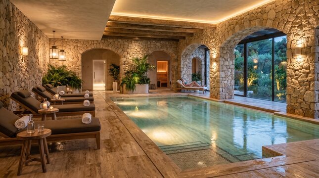 Luxury indoor spa pool with stone walls and wooden beams