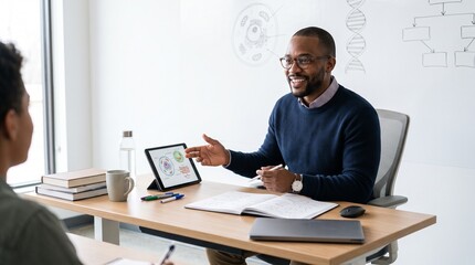 Fototapeta premium Professor explains cell biology diagram on tablet to student in modern classroom setting