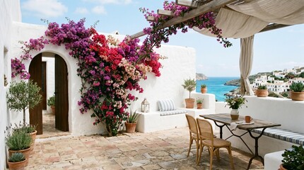 Obraz premium Mediterranean terrace with blooming bougainvillea and sea view