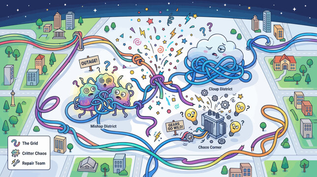 Colorful fantasy map with magical creatures and landmarks.