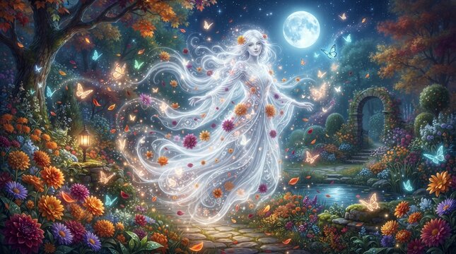 A glowing ethereal forest spirit dancing in a magical moonlit garden filled with vibrant flowers and sparkles
