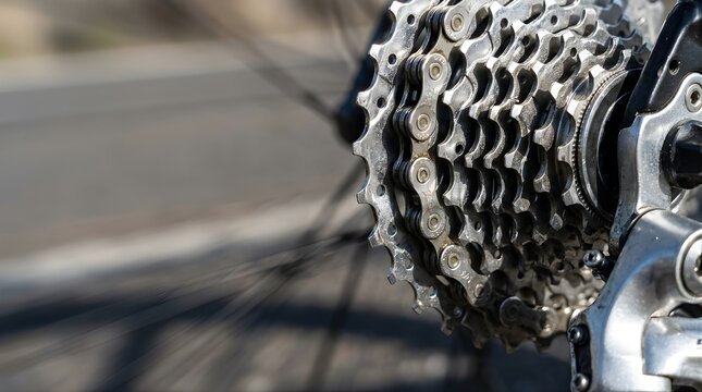 Close up of silver bicycle cassette and chain on a road bike rear wheel