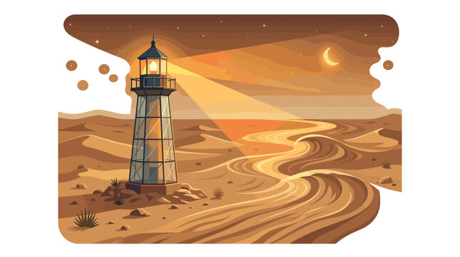 Surreal vector illustration of a lighthouse shining bright light over desert sand dunes under a starry crescent moon night sky