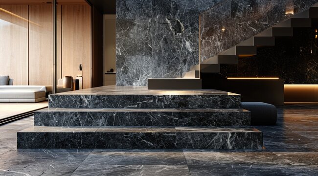 Marble staircase leading to living room