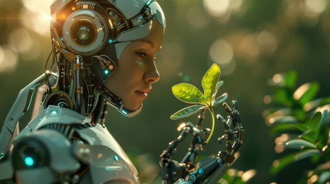 Robot holding plant in hand