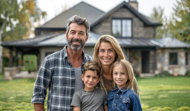 A family standing in front of their new home