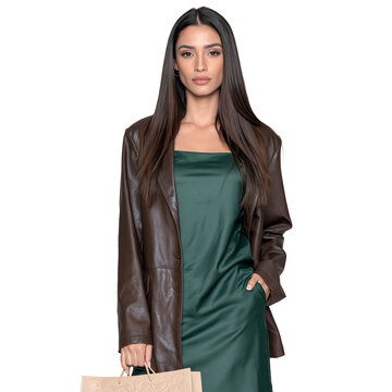 Elegant brunette woman in a brown leather blazer and green satin dress holding shopping bags against isolated on transparent or white background, png