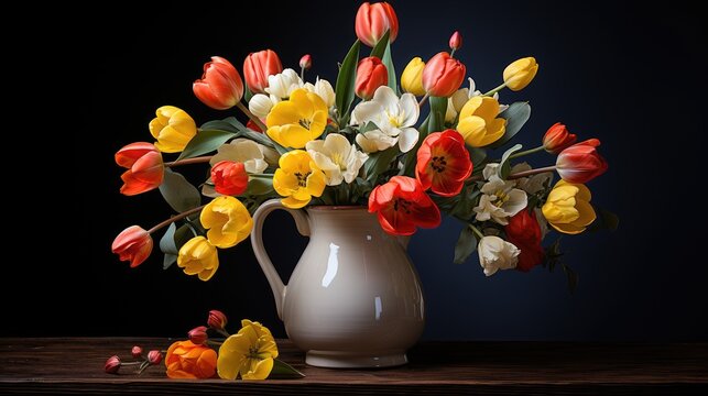 A bouquet of bright fresh tulips stands in an elegant ceramic vase.