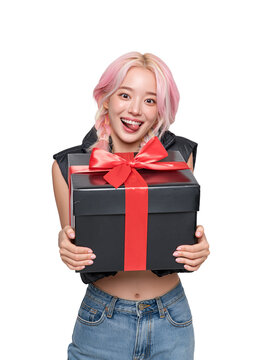 Playful young woman with pink braided hair holding a large black gift box with a red ribbon against isolated on transparent or white background, png