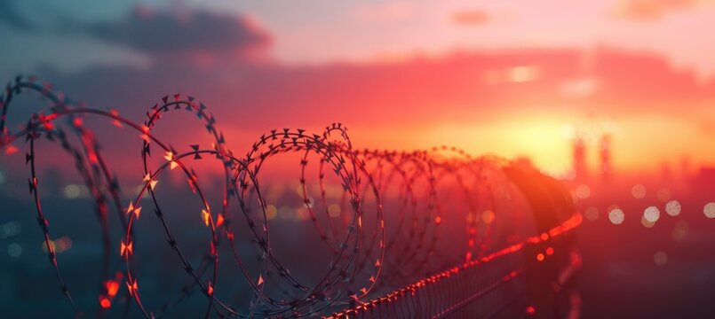 Barbed wire fence at sunset