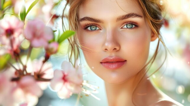 Portrait of a Young Woman Amidst Blooming Flowers with Sunlight and Natural Beauty