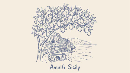 Obraz premium Artistic Vector Illustration of a Vibrant Lemon Tree Overlooking a Picturesque Coastal Mediterranean Town in Amalfi Sicily with Scenic Shoreline Architecture and Terraced Landscape Sketches