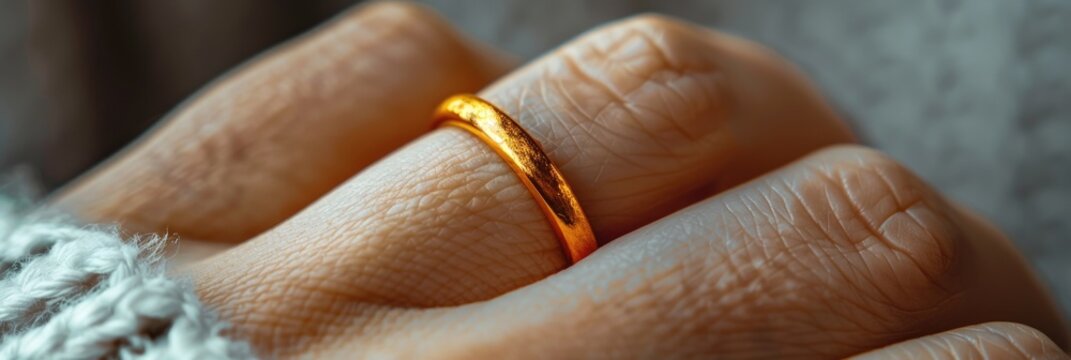 Gold band ring on finger