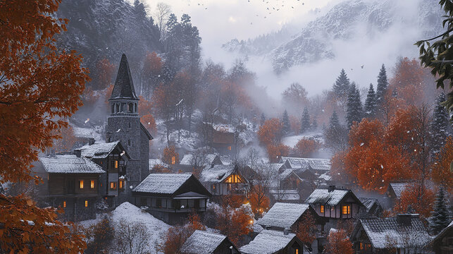 Cozy mountain village with snow dusted rooftops and warm glowing windows in autumn mist