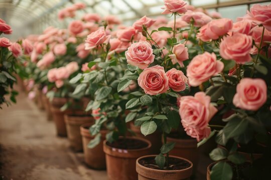 Rose bushes in a greenhouse