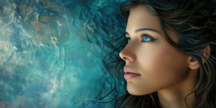 Enchanting Woman with Mystical Eyes and Ethereal Digital Geometry Elements