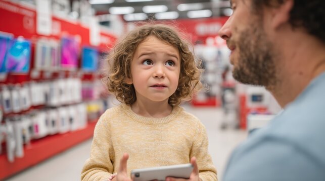Little child holding smartphone talking to father in electronics store