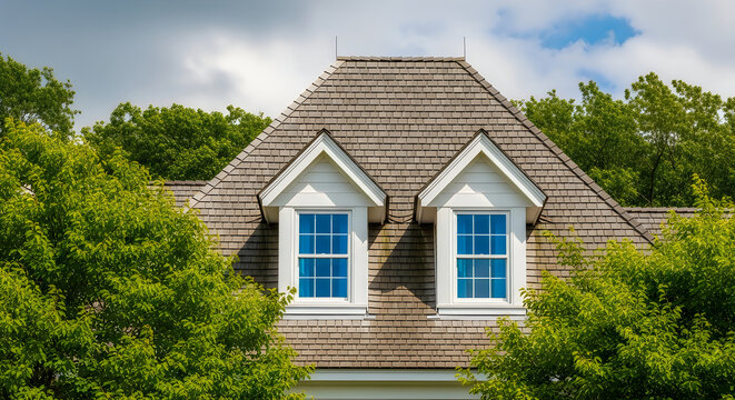 Charming gray shingled house with dormer windows in a green forest