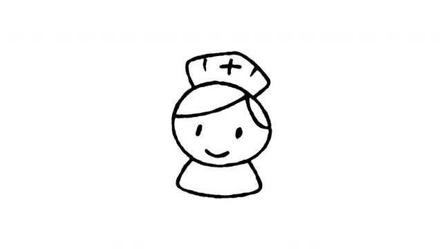 Animated 4K female nurse wearing medical cap doodle icon. Hand drawn line art on black and green screen chroma key background for healthcare, hospital staff, nursing, and clinical care video edits.