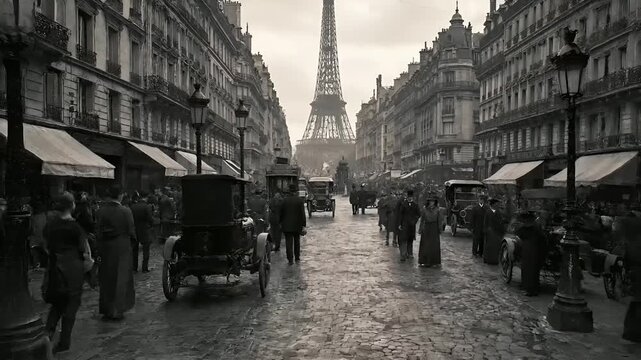 Paris, France, Europe. A black and white photograph depicts a bustling Parisian street scene. The focal point is the Eiffel Tower, standing tall against a cloudy sky.