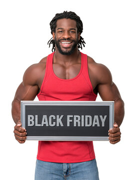Muscular Black man with dreadlocks wearing a red tank top holding a Black Friday sign against isolated on transparent or white background, png
